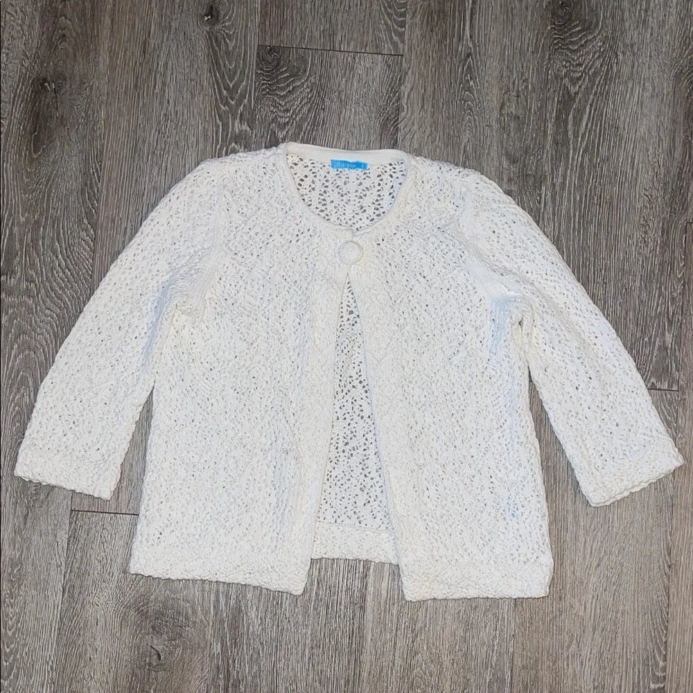 J. McLaughlin white Knit Sweater shawl open front white Easter dress cardigan